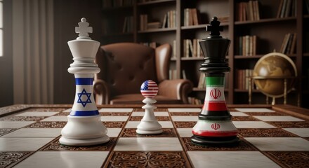 Naklejka premium Overhead view of chess pieces representing Israel and Iran on a chessboard with USA pawn, symbolizing geopolitics and diplomacy in a study room