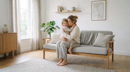 Obraz premium Mother and Child Hugging in Minimal Scandinavian Living Room, Modern Family Lifestyle