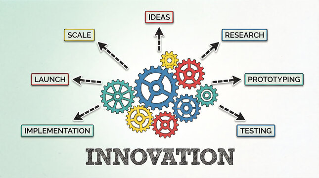 Innovation business process diagram with colorful gears, product development lifecycle infographic, corporate strategy workflow with research and prototyping stages on textured background