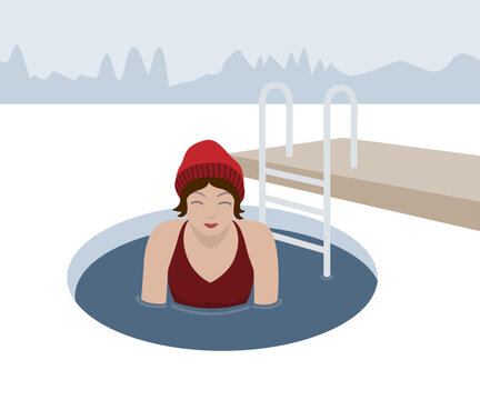 Cold Water Swimming Woman in Ice Bath Outdoor Pool &ndash; Winter Wellness and Recovery Concept