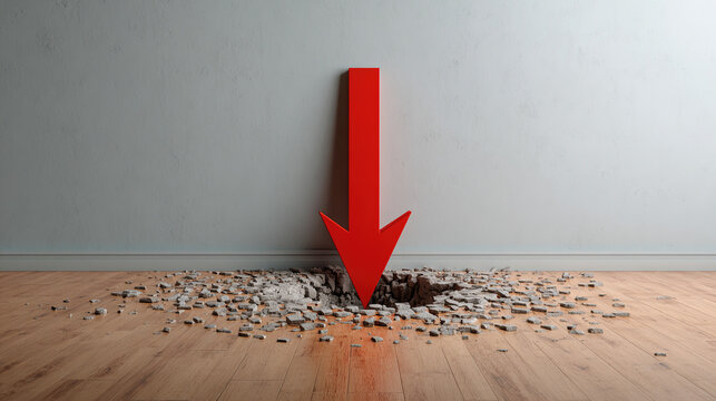 3D render of a red downward arrow breaking through a floor 