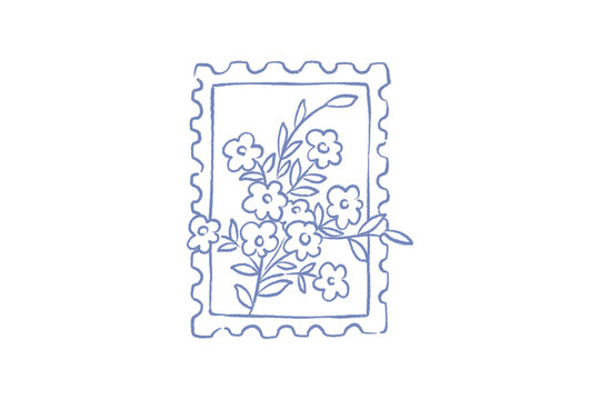 Hand drawn illustration of a vintage postage stamp with a floral bouquet design 