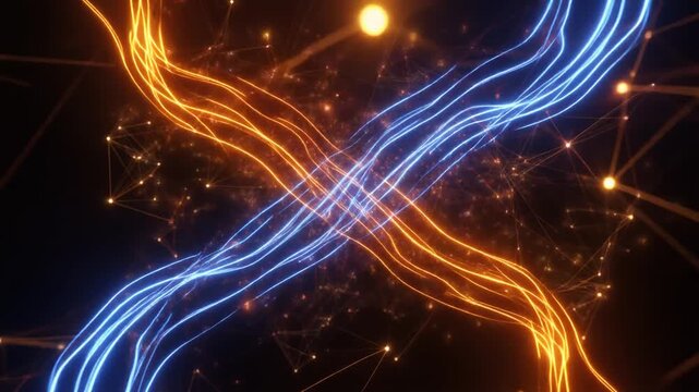 An abstract digital visualization featuring intertwining streams of light crossing in an X-shaped pattern. One stream glows in blue and the other in orange, creating a dynamic contrast. Surrounding th