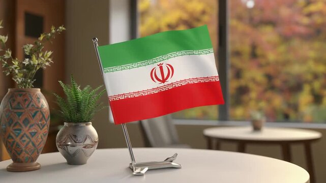 A cultural digital illustration featuring the national flag of Iran displayed on a metal stand placed on a round table indoors. The flag has three horizontal stripes&mdash;green at the top, white in the mid