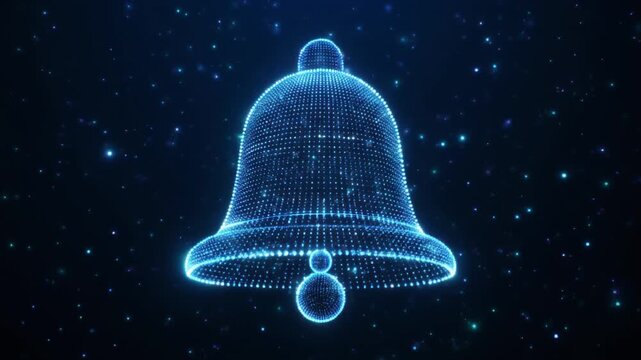A glowing holographic bell composed of blue wireframe lines and dots floats against a dark background filled with scattered light particles. The futuristic rendering blends a traditional object with m