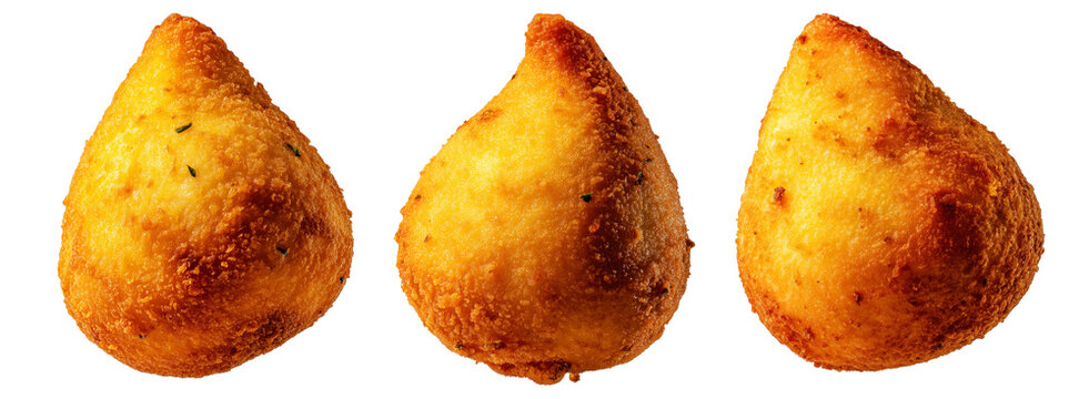 Fried Brazilian coxinhas cone snack filled shredded chicken cheese with golden crispy texture isolated on white background