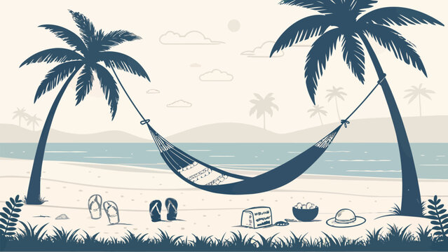 A serene beach scene with a hammock between two palm trees