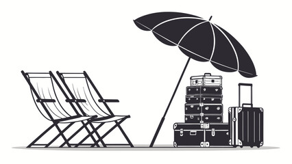 Fototapeta premium A black and white illustration of beach chairs and luggage under an umbrella