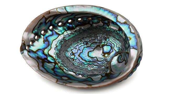 Iridescent abalone seashell with mother of pearl texture on isolated white background for luxury decor with cut out