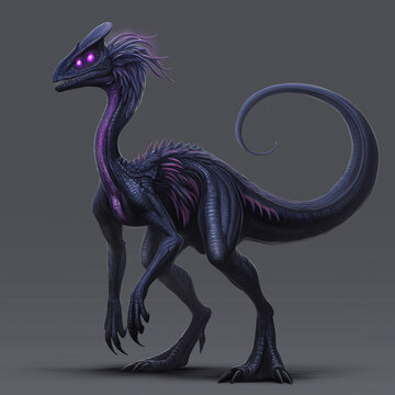 Sleek raptor-like alien creature with dark purple skin, glowing violet eyes, and a long curled tail; sci-fi monster or extraterrestrial predator on a gray background.