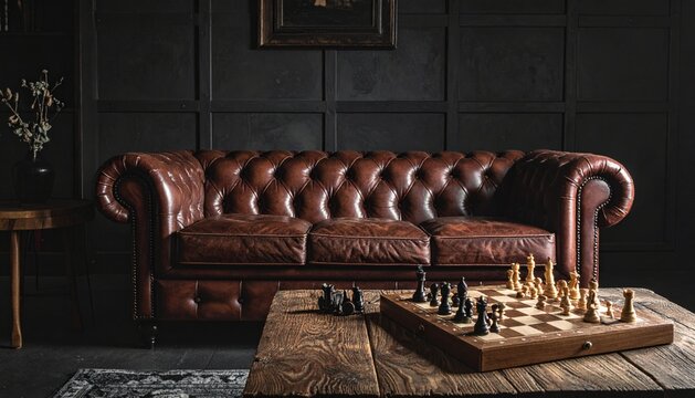Moody dark living room interior featuring a brown leather Chesterfield sofa