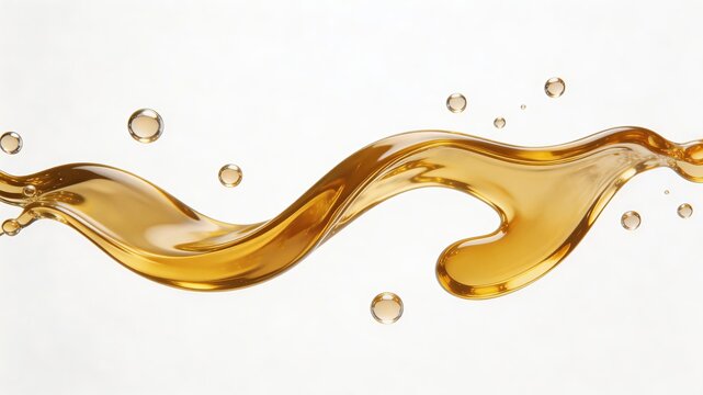 A dynamic golden liquid splash with floating bubbles against a clean white background. Captures the fluid motion, transparency, and glossy texture of the liquid.