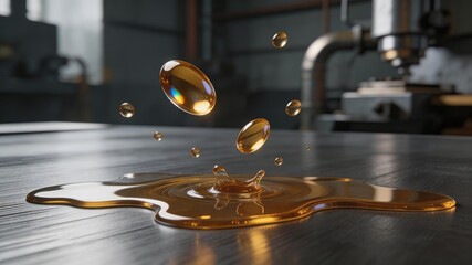 Obraz premium Macro shot of golden oil droplets and spill on metallic surface, suggesting industrial workshop setting with machinery in background. Highlights fluid dynamics and precision engineering.
