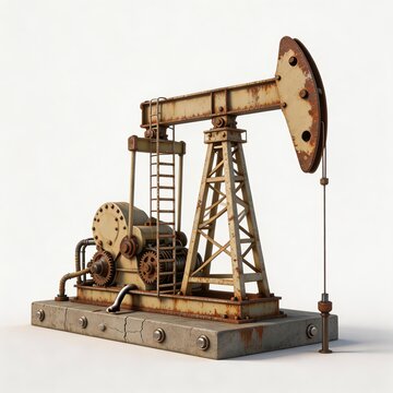 Rusty oil pumpjack (derrick) on concrete base, industrial machinery illustration. Highlights mechanical components, corrosion, and engineering design for oil extraction.