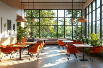 Fototapeta premium Modern office with tables, chairs, bright lighting, and large windows, creating an ideal workspace for a business environment. 3D rendering, Generative AI