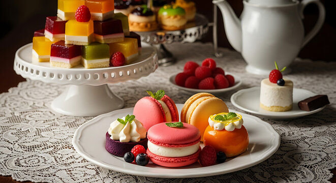 Elegant Afternoon Tea Selection with Gourmet Macarons, Jelly Cubes, and Petit Fours on Lace Tablecloth