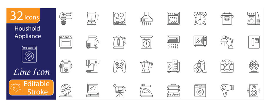 Household Icons Set, Home Appliance, Tools, Kitchen Items, Domestic Life, Household Management, Daily Essentials, Editable Stroke Vector Illustration.