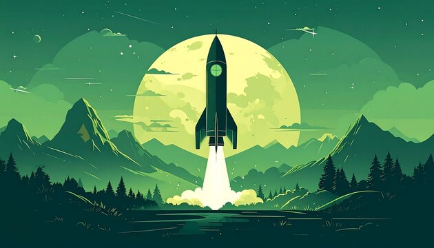 A vibrant illustration depicts a retro rocket launching toward a massive, luminous moon above mountain ranges. The scene is bathed in shades of green