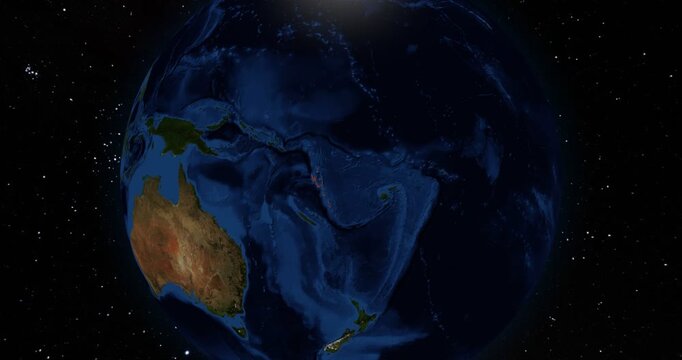 Vanuatu on the Globe. Zoom into the country with the Earth spinning in space. High detail physical world map with Vanuatu on it. Country view animation. Elements of this image furnished by NASA.