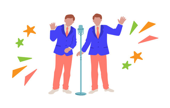 お笑い芸人、漫才、MC、司会者、スタンダップコメディアンなどのシンプルでおしゃれな手書きベクターイラスト素材 Hand-drawn vector illustration assets featuring comedians, manzai duos, MCs, emcees, stand-up comedians, and more.