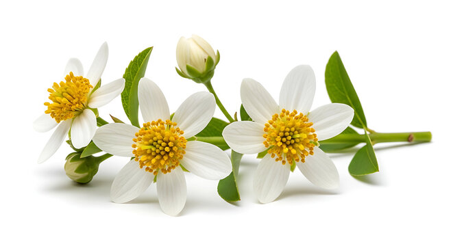 Delicate white bidens pilosa flowers with yellow centers and green leaves on white background for natural beauty and botany