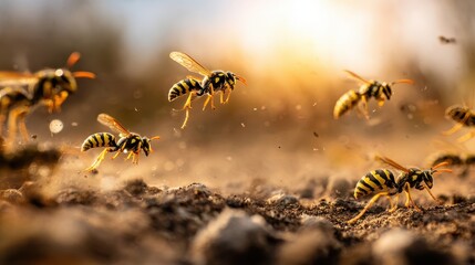 Fototapeta premium Wasps swarm from earth in golden sunset light with detailed macro view.