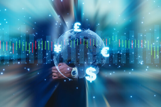 Global currency exchange rates and financial trading visuals in a modern financial city setting