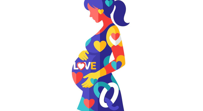 Vibrant pregnant woman illustration adorned with colorful hearts and 'LOVE' text, symbolizing maternal joy and the expectation of new life