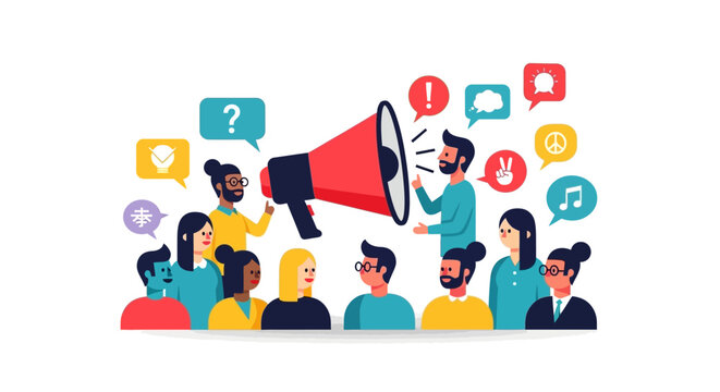 Diverse voices unite for public communication, amplifying messages and fostering social dialogue within a vibrant community gathering