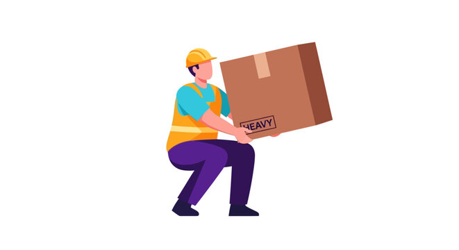 Man in hard hat and safety vest lifting a heavy cardboard box, illustrating safe lifting techniques and manual labor