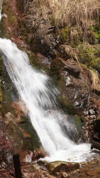 Mountain waterfall in a wild forest in early spring.