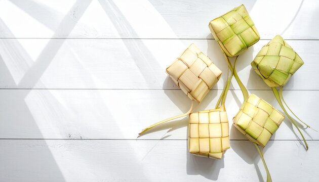 Ketupat, woven coconut leaf cakes, are placed on a wooden floor, illuminated by light. A symbol of a major holiday in Indonesia, and synonymous with Eid al-Fitr dishes.