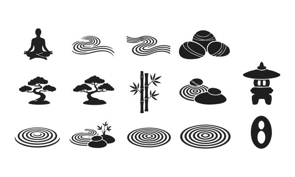 Set of Zen Garden and Japanese Meditation Icons. Black Vector Collection on White Background.