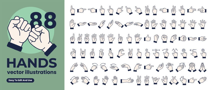 Mega Set &mdash; 88 Hand Gestures Vector Illustrations Set. Fist, Ok, Peace, Thumbs Up, Pointing, Counting Fingers. Communication Signs and Symbols. Line Art Isolated on White Background