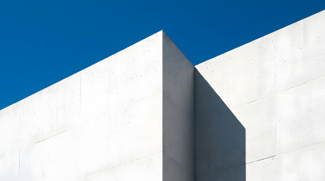 Minimalist architectural detail of a white concrete building against a clear blue sky, abstract perspective