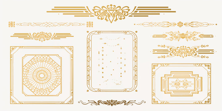 Set of vintage gold frames and ornate floral ornaments in vector illustration for antique card decoration and abstract background design