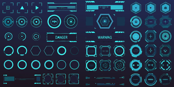 Futuristic user interface elements and digital warning symbols on dark background