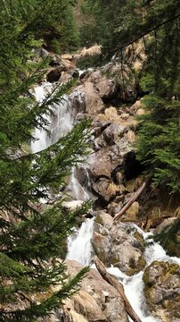 Mountain waterfall in a wild forest in early spring.	