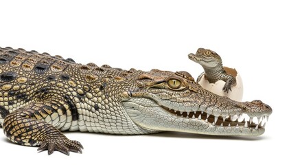Fototapeta premium Realistic Crocodile with Baby Sitting on Its Head Isolated