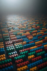 Naklejka premium LEGO pieces arranged in concentric rows with irregular rhythm and spacing creating pulsating abstract background