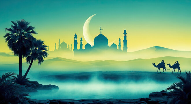 misty mosque with crescent moon, palm tree and camel caravan, suitable background for hari raya aidilfitri or hari raya haji