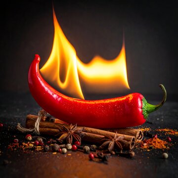 A vibrant red chili pepper, aflame, rests on cinnamon sticks, star anise, and peppercorns against a dark background
