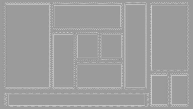 Collection of white stamp borders on gray background