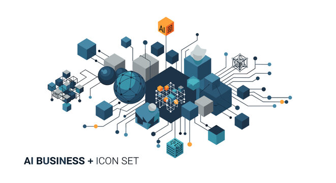 Modern graphic showcasing artificial intelligence in business. Ideal for illustrating innovation, technology, and the future of work in marketing mate