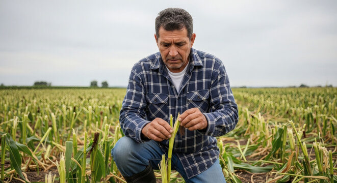 Man inspecting plants while kneeling in onion field on cloudy day  