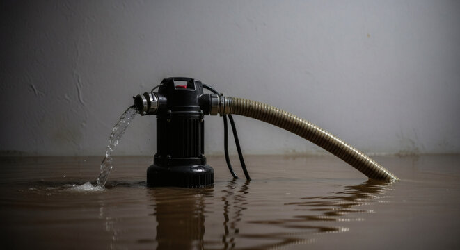 Water pump removing water from flooded indoor area