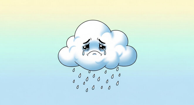 Sad cloud with rain and frowning face on gradient background