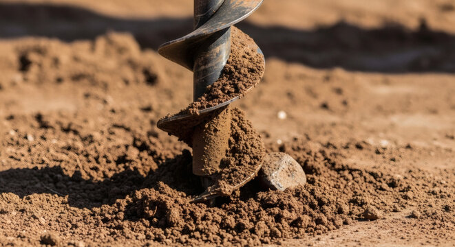 Auger drill bit digging into soil on construction site  