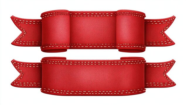 Two textured red ribbons with decorative stitching, isolated on white
