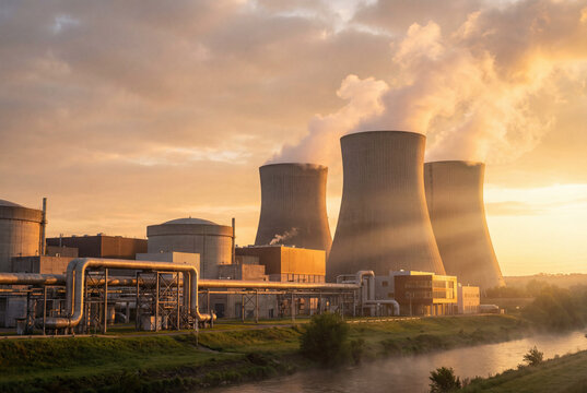 Futuristic Nuclear Power Plant with Cooling Towers at Sunrise